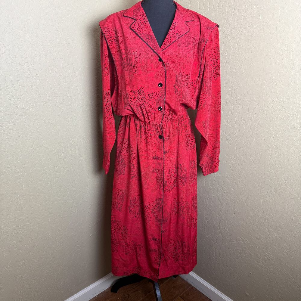Vintage Carol of California Red Black Abstract Shirt Dress Size 14 USA Made